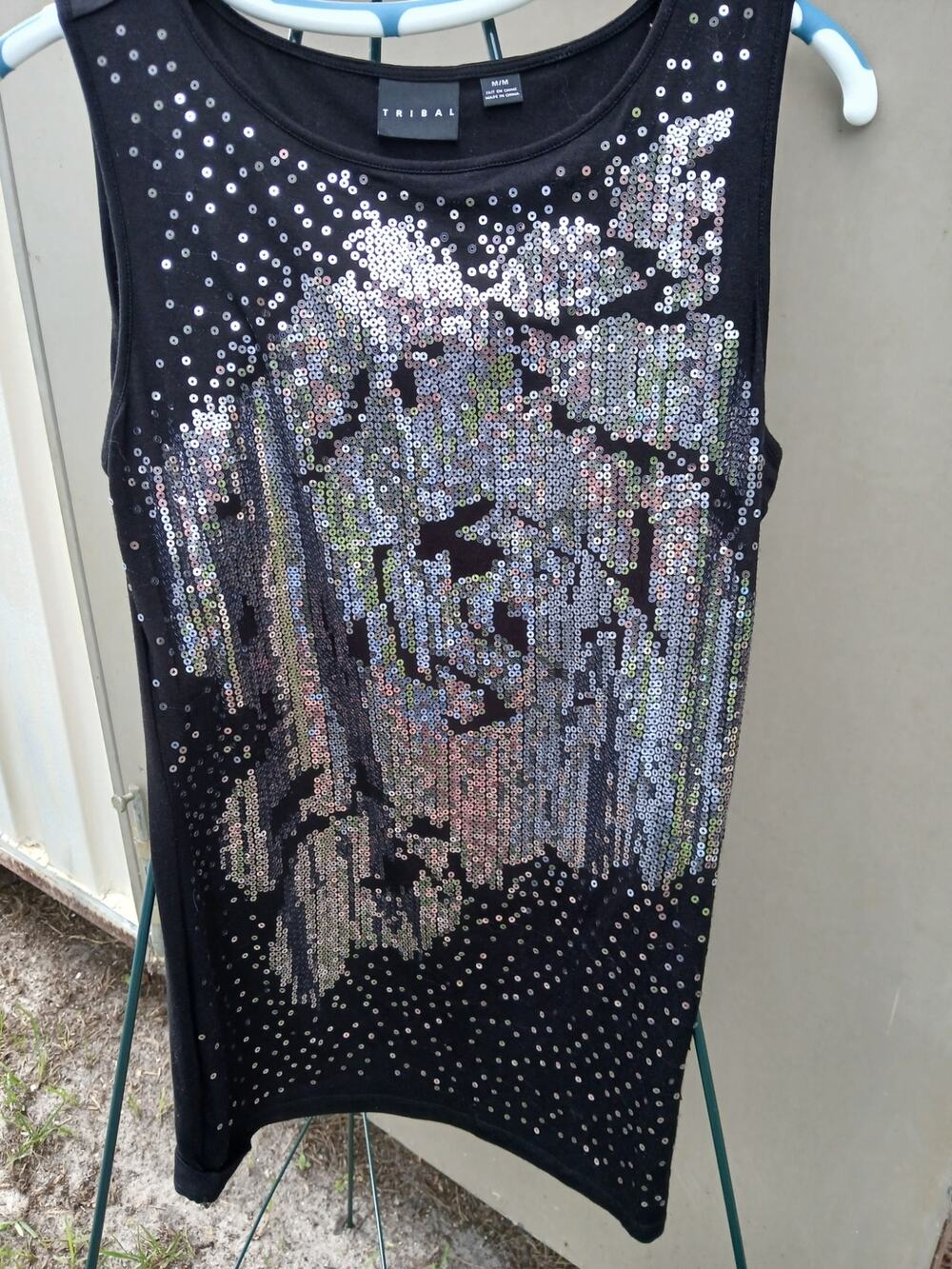 Tribal Black long length Tank Top Sequin Rose Flower Front Medium